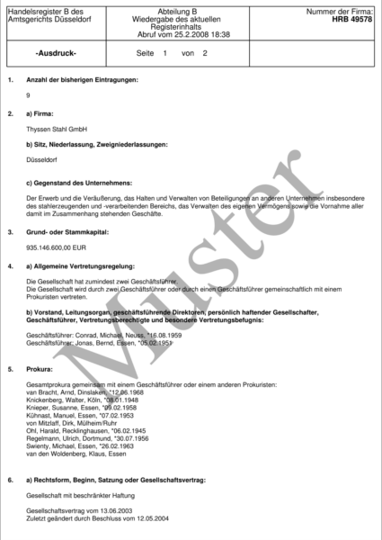 Muster aktueller Ausdruck (AD) aus.dem Handelsregister