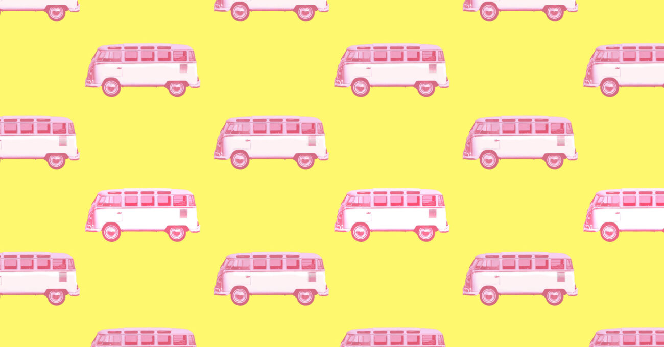 Pink camper van on yellow background