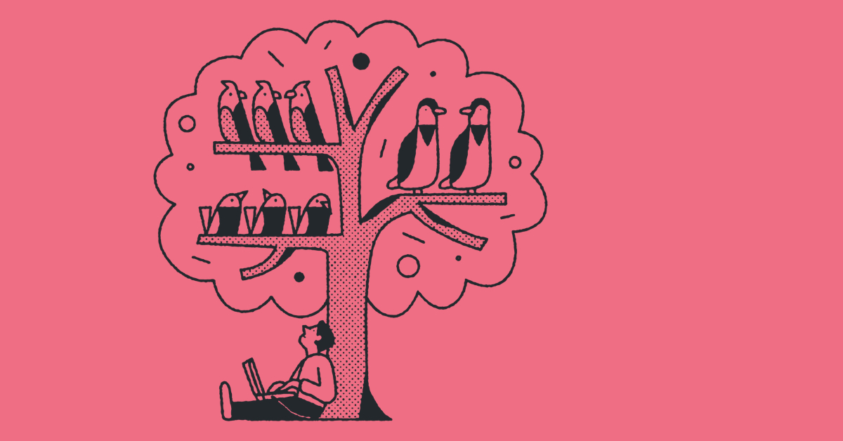 A cartoon man counting birds in a tree